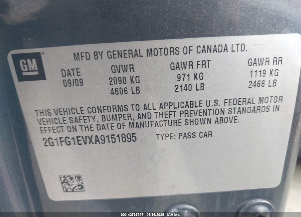 2010 CHEVROLET CAMARO VIN: 2G1FG1EVXA9151895