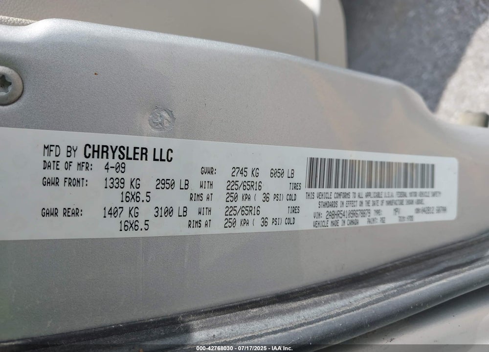 2009 CHRYSLER TOWN & COUNTRY TOURING VIN: 2A8HR54109R678879
