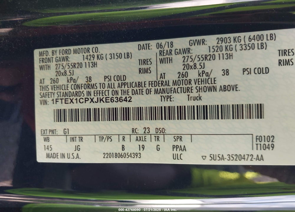 2018 FORD F-150 VIN: 1FTEX1CPXJKE63642