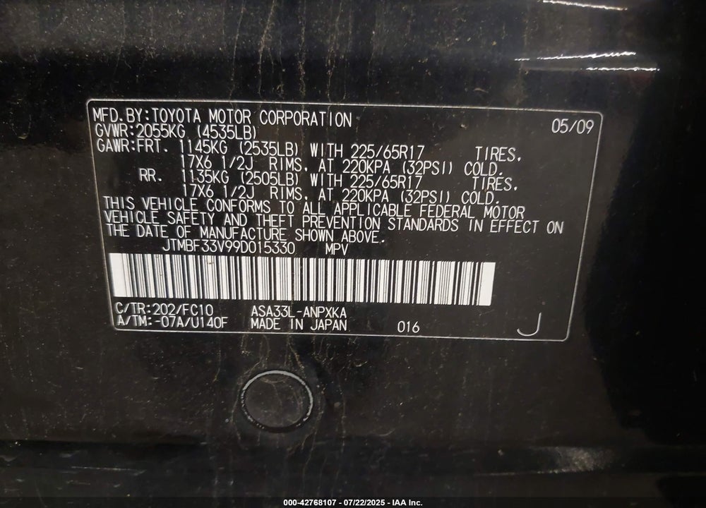 2009 TOYOTA RAV4 VIN: JTMBF33V99D015330