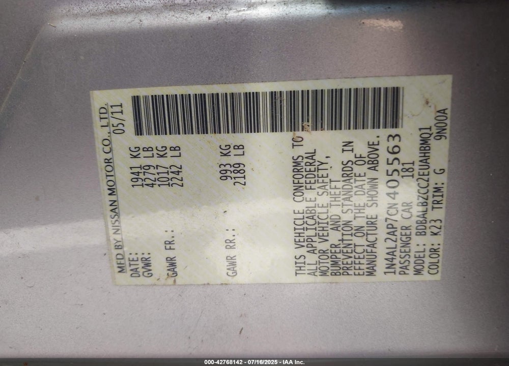 2012 NISSAN ALTIMA VIN: 1N4AL2AP7CN405563