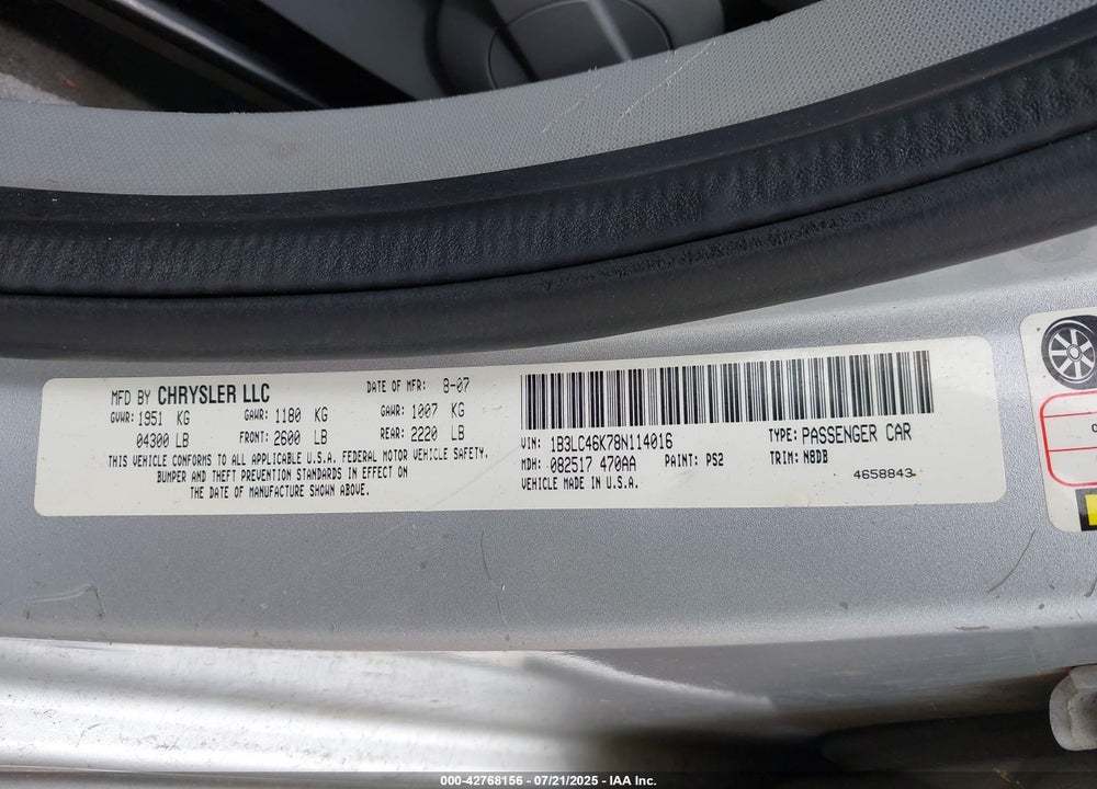 2008 DODGE AVENGER VIN: 1B3LC46K78N114016
