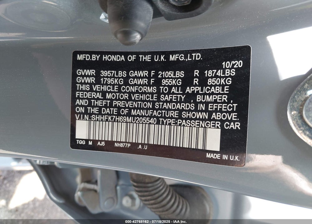 2021 HONDA CIVIC VIN: SHHFK7H69MU205540