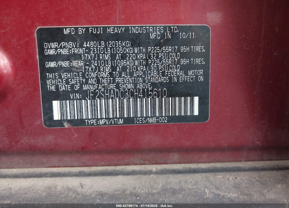2012 SUBARU FORESTER VIN: JF2SHADC3CH415610