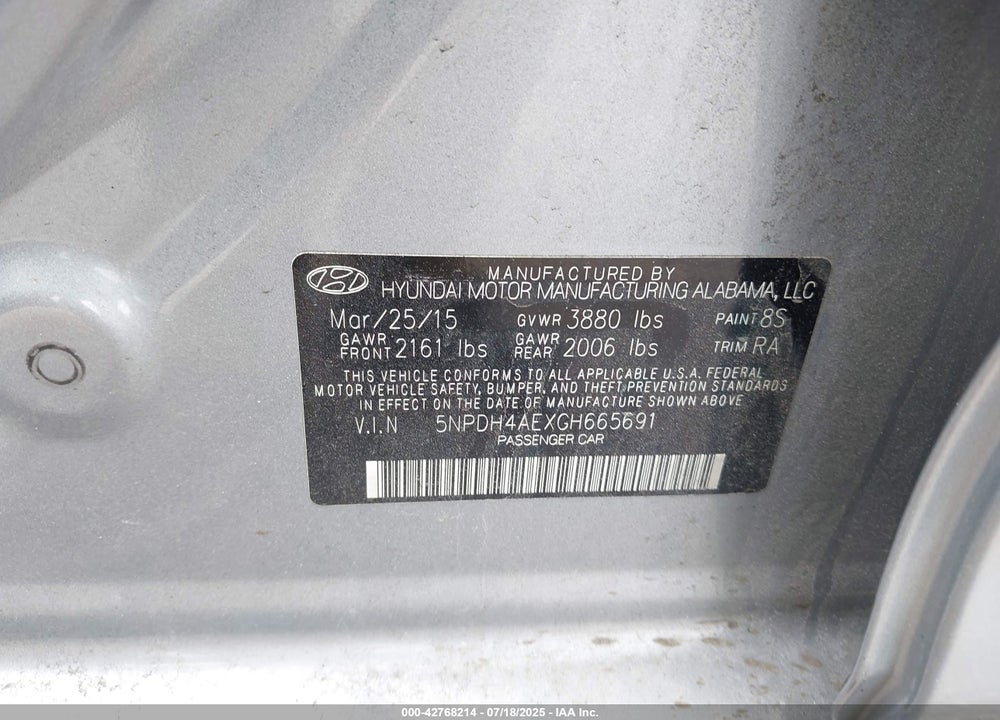 2016 HYUNDAI ELANTRA VIN: 5NPDH4AEXGH665691