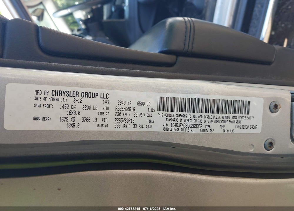 2012 JEEP GRAND CHEROKEE VIN: 1C4RJFAG6CC269352