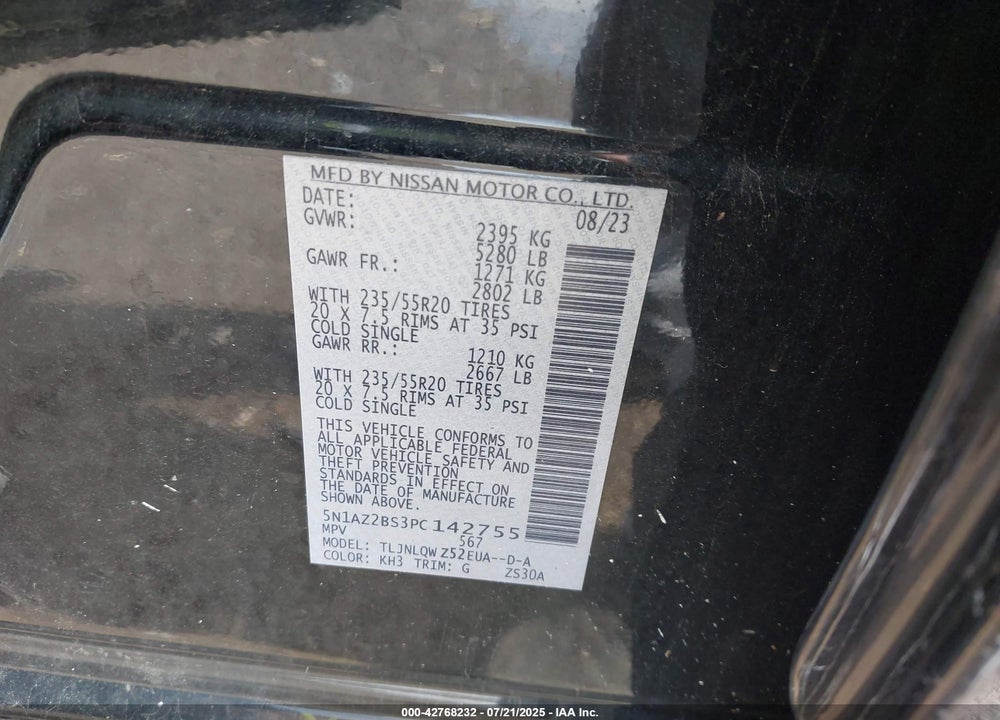 2023 NISSAN MURANO VIN: 5N1AZ2BS3PC142755