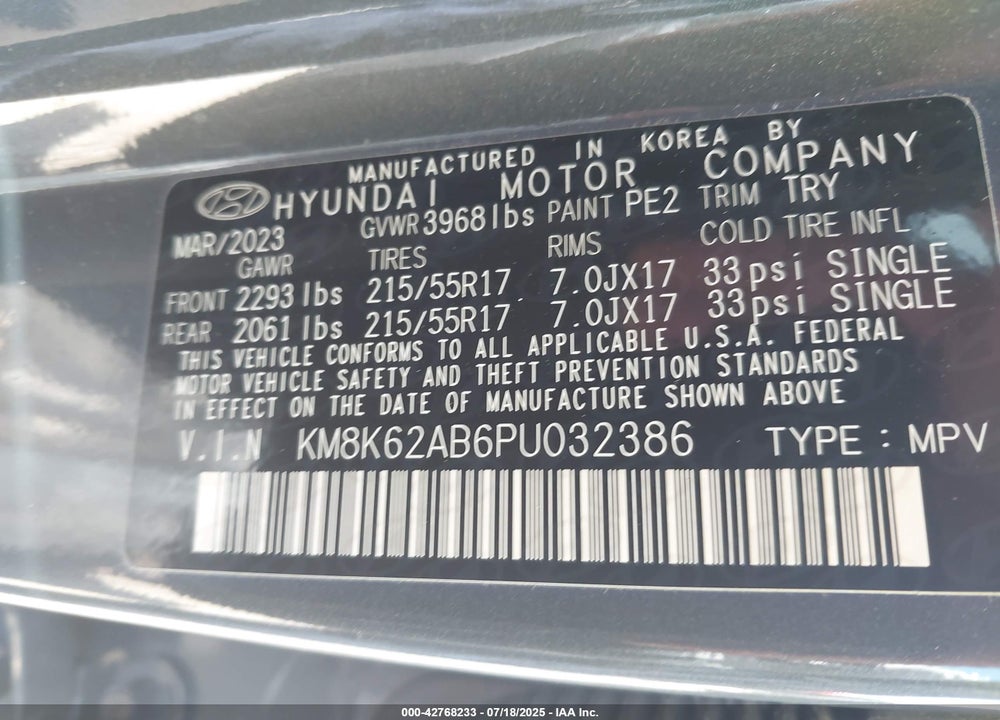 2023 HYUNDAI KONA SEL VIN: KM8K62AB6PU032386