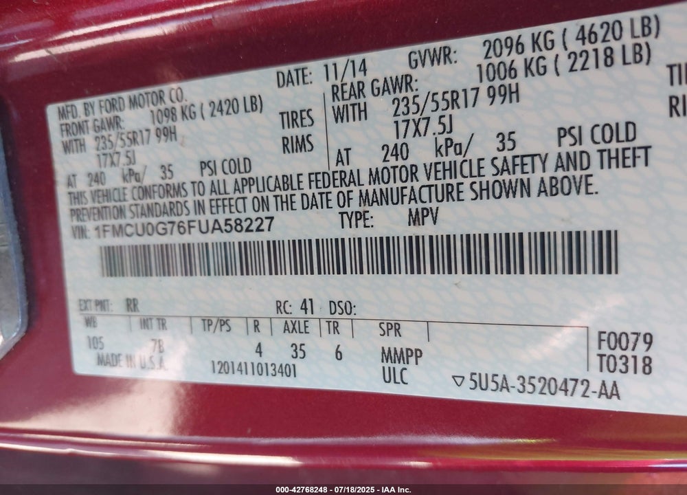 2015 FORD ESCAPE SE VIN: 1FMCU0G76FUA58227