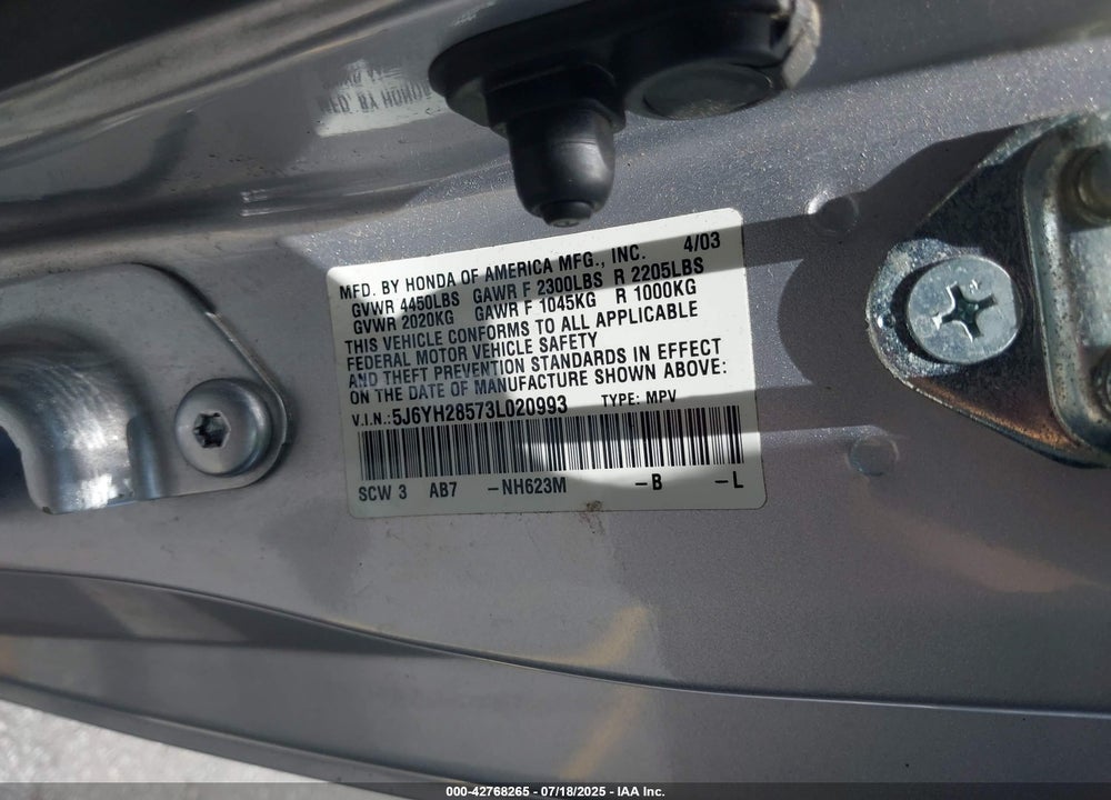 2003 HONDA ELEMENT EX VIN: 5J6YH28573L020993