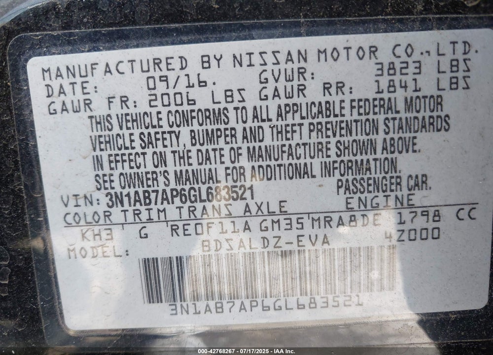 2016 NISSAN SENTRA VIN: 3N1AB7AP6GL683521