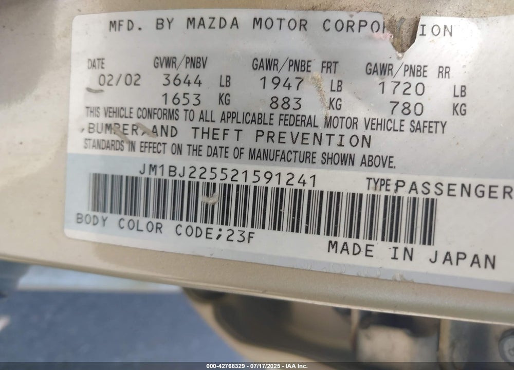 2002 MAZDA PROTEGE DX/ES/LX VIN: JM1BJ225521591241