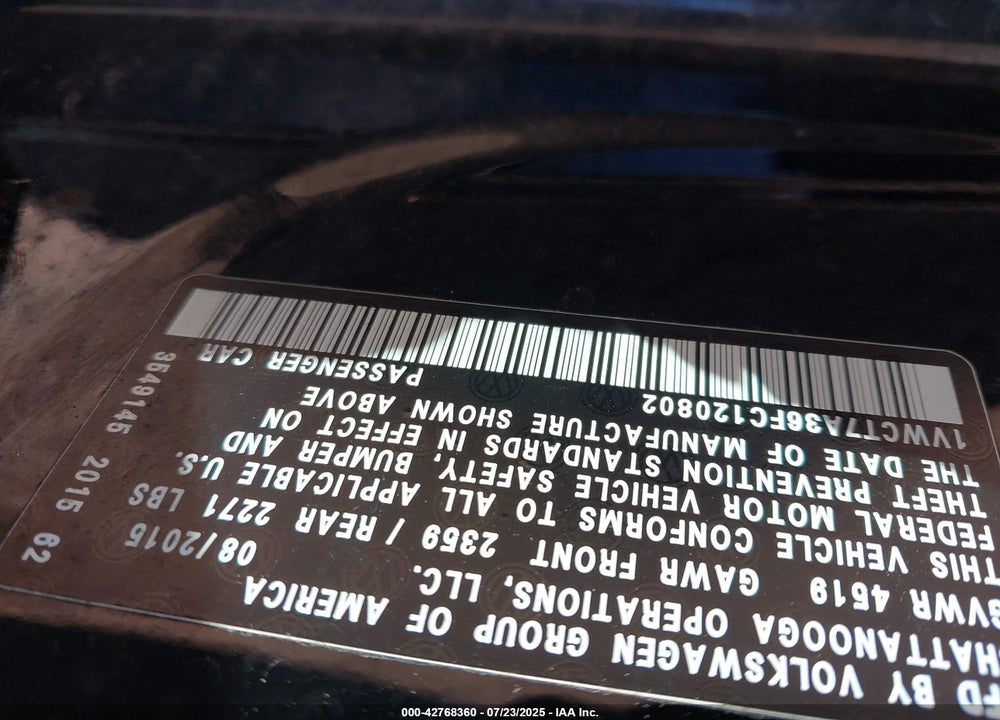 2015 VOLKSWAGEN PASSAT VIN: 1VWCT7A36FC120802