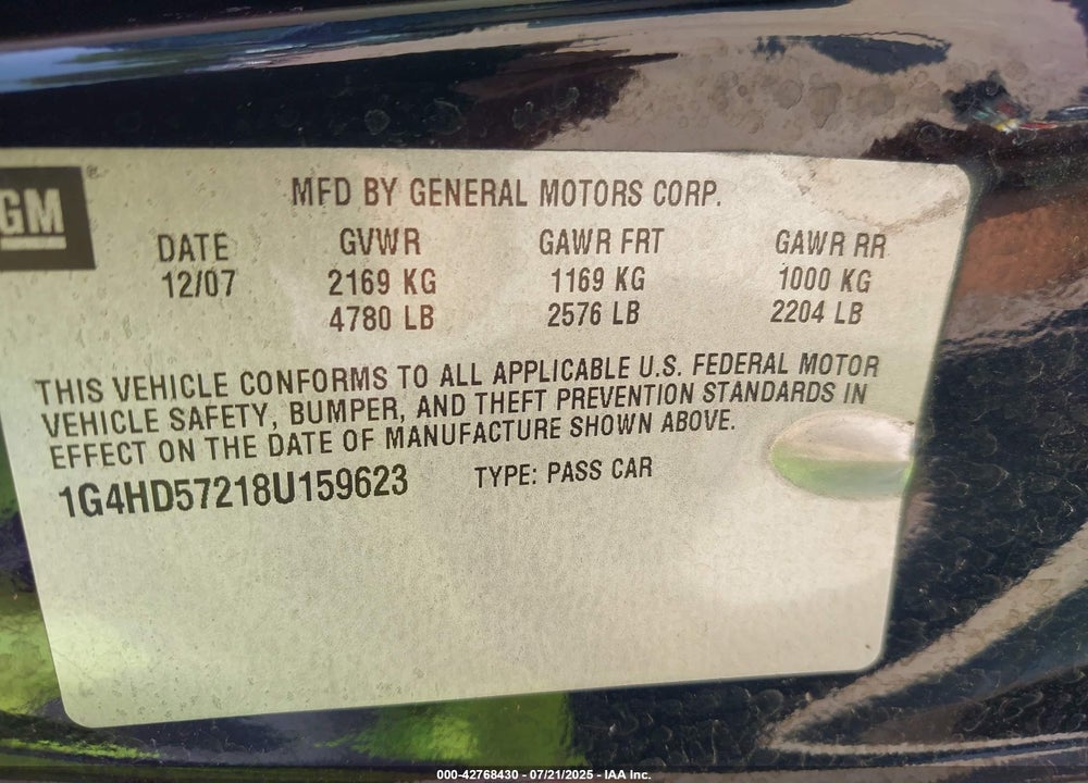 2008 BUICK LUCERNE CXL VIN: 1G4HD57218U159623