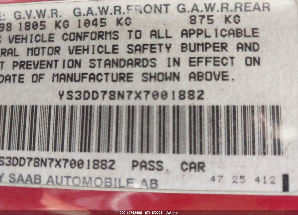 1999 SAAB 9 3 VIN: YS3DD78N7X7001882
