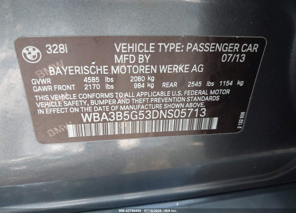 2013 BMW 3 SERIES VIN: WBA3B5G53DNS05713