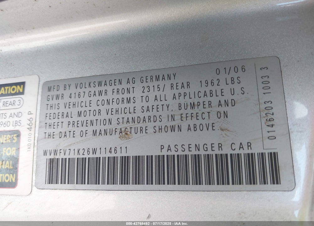 2006 VOLKSWAGEN GTI 2-DOOR VIN: WVWFV71K26W114611