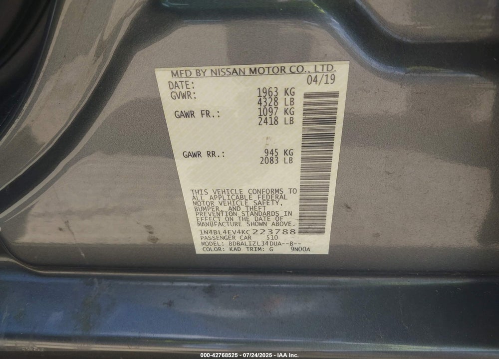 2019 NISSAN ALTIMA VIN: 1N4BL4EV4KC223788