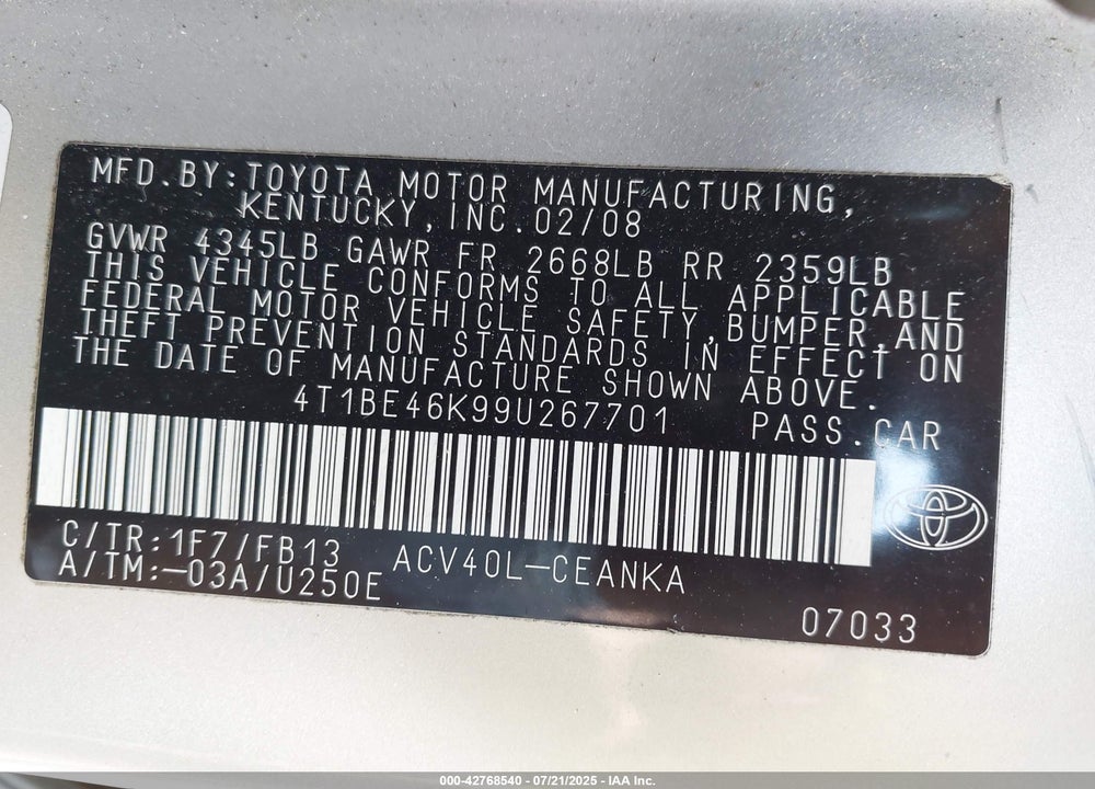 2009 TOYOTA CAMRY VIN: 4T1BE46K99U267701