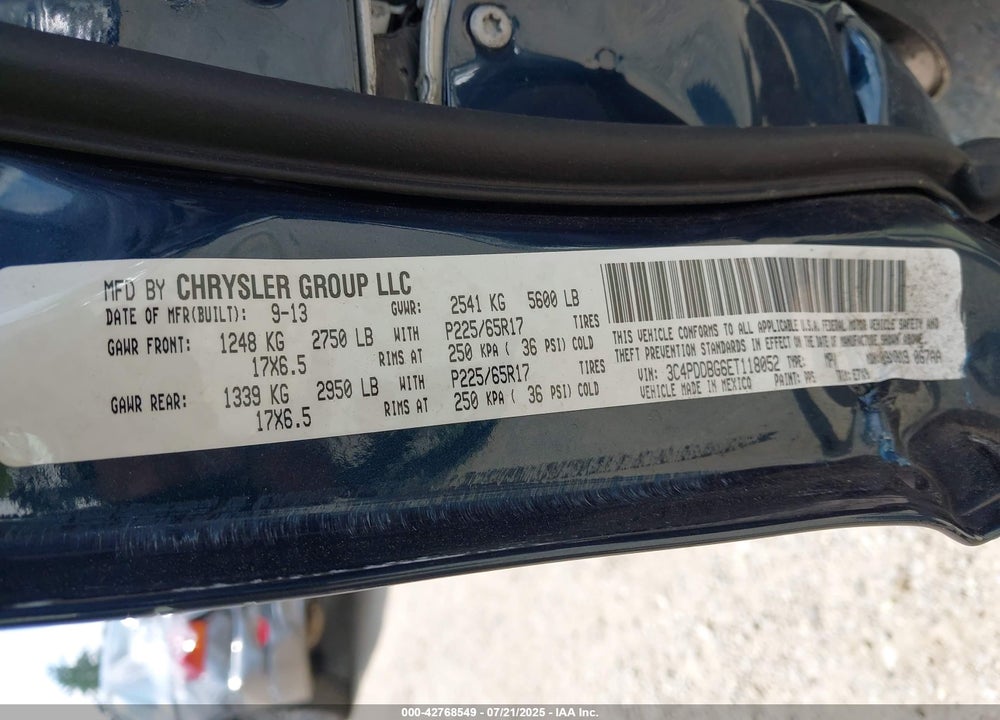 2014 DODGE JOURNEY VIN: 3C4PDDBG6ET118052