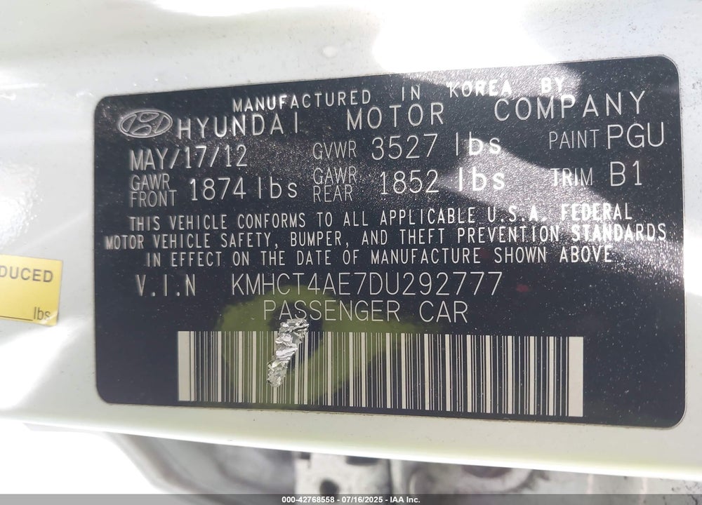 2013 HYUNDAI ACCENT VIN: KMHCT4AE7DU292777