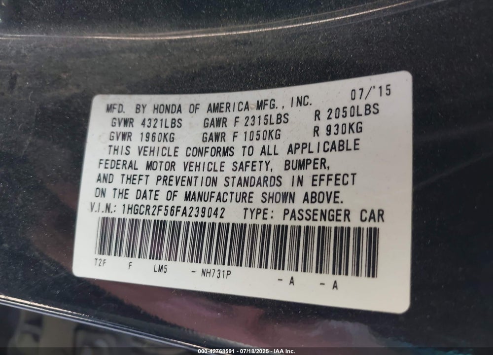 2015 HONDA ACCORD VIN: 1HGCR2F56FA239042