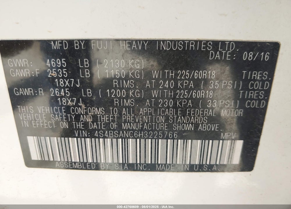 2017 SUBARU OUTBACK VIN: 4S4BSANC6H3225766