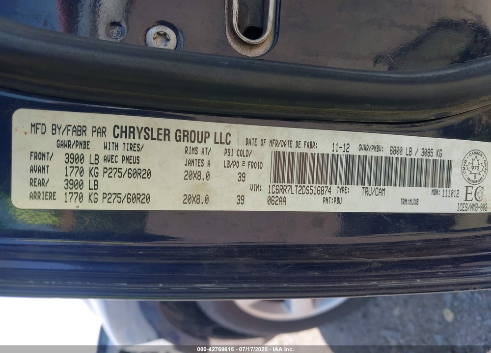 2013 RAM 1500 VIN: 1C6RR7LT2DS516874