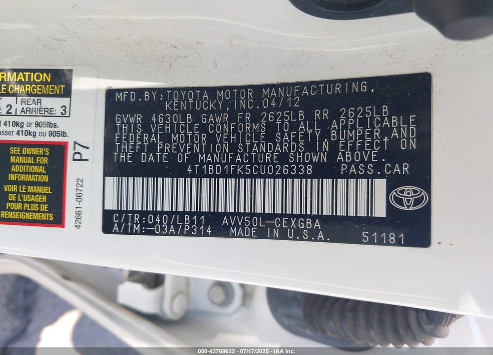 2012 TOYOTA CAMRY HYBRID XLE VIN: 4T1BD1FK5CU026338