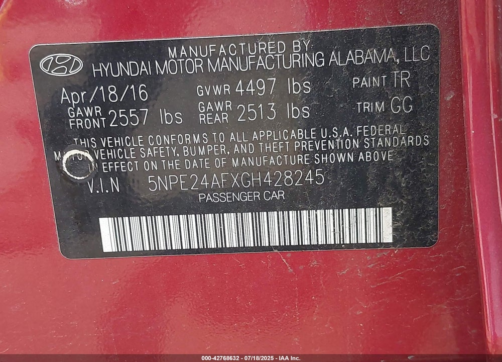 2016 HYUNDAI SONATA SE VIN: 5NPE24AFXGH428245