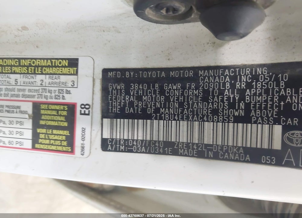 2010 TOYOTA COROLLA VIN: 2T1BU4EEXAC408859