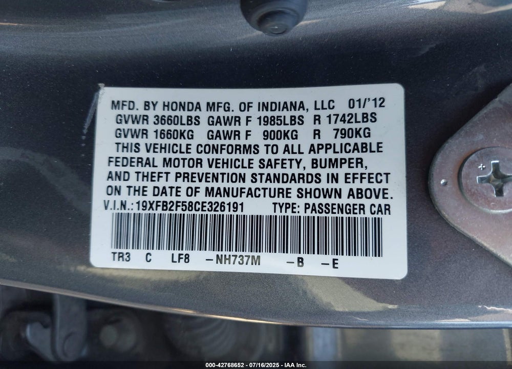 2012 HONDA CIVIC VIN: 19XFB2F58CE326191