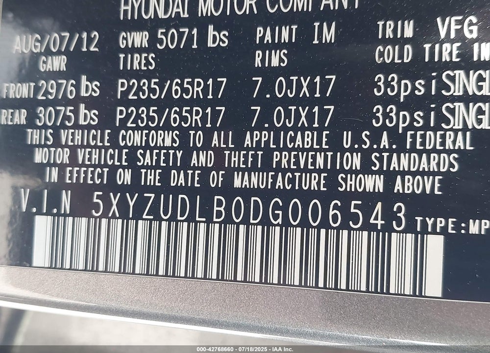 2013 HYUNDAI SANTA FE SPORT VIN: 5XYZUDLB0DG006543