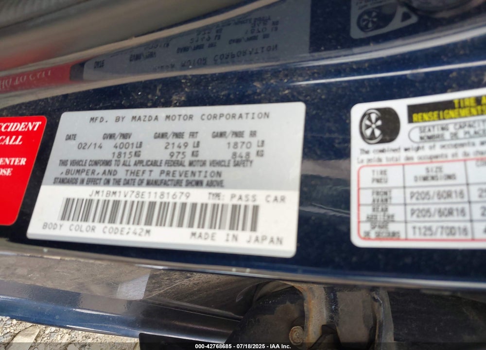 2014 MAZDA 3 VIN: JM1BM1V78E1181679