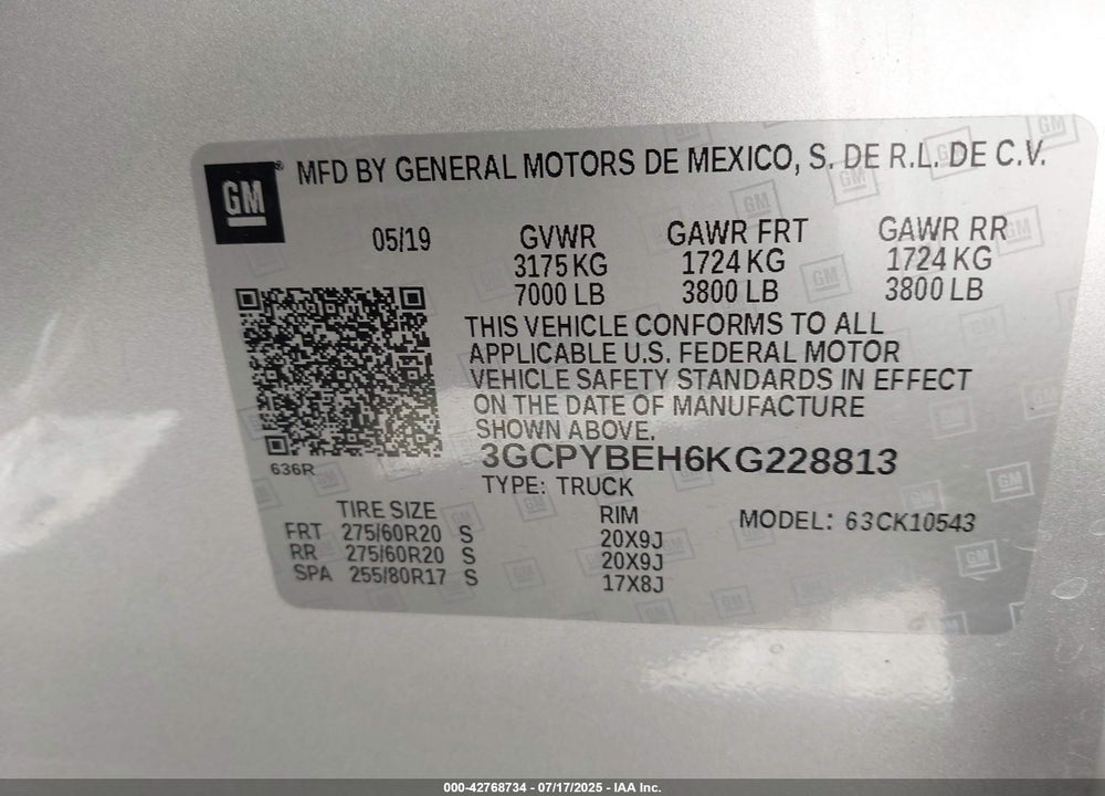 2019 CHEVROLET SILVERADO 1500 VIN: 3GCPYBEH6KG228813