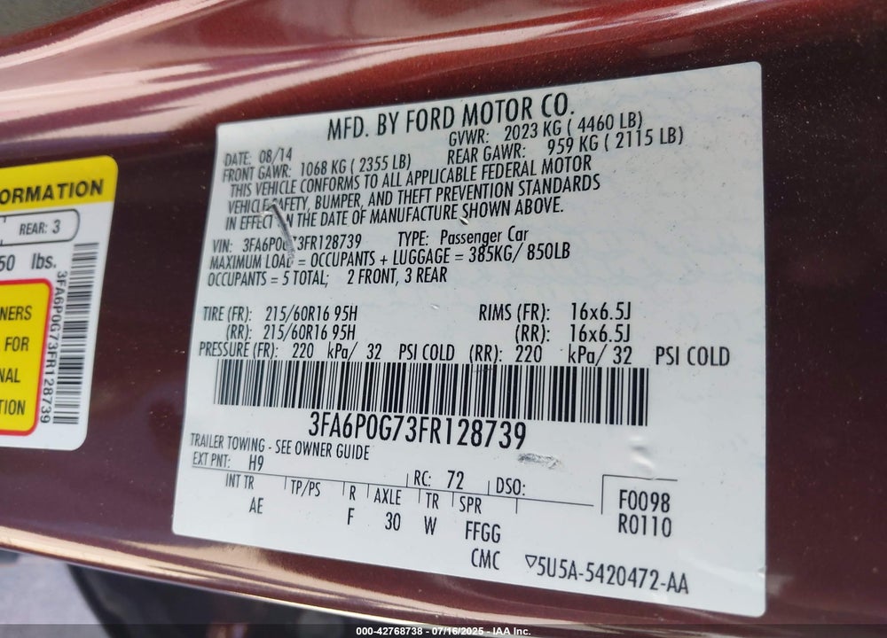 2015 FORD FUSION VIN: 3FA6P0G73FR128739