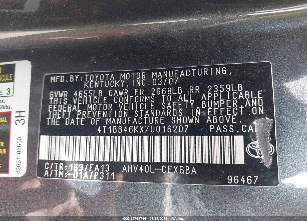 2007 TOYOTA CAMRY HYBRID VIN: 4T1BB46KX7U016207