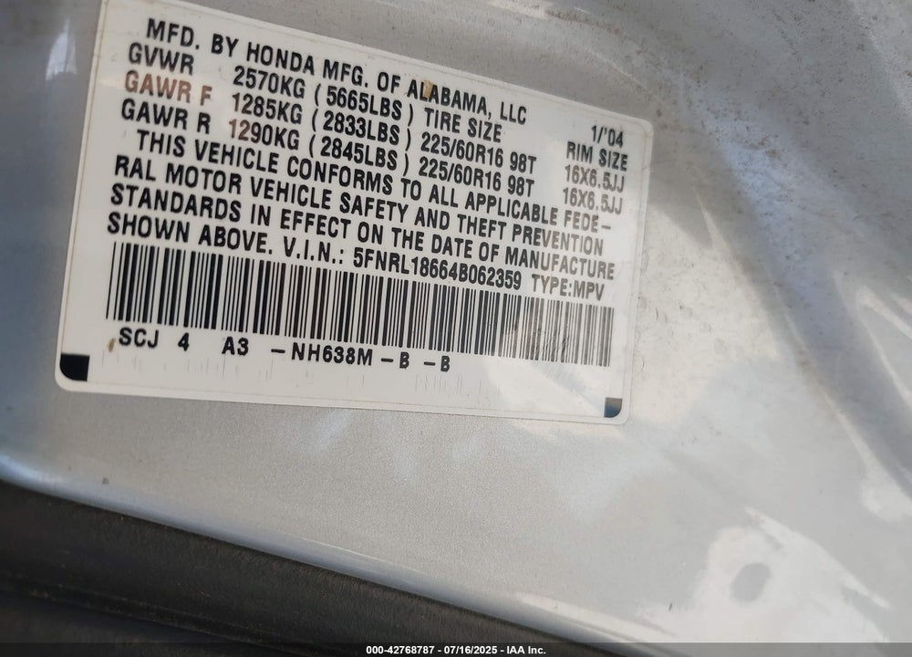2004 HONDA ODYSSEY VIN: 5FNRL18664B062359