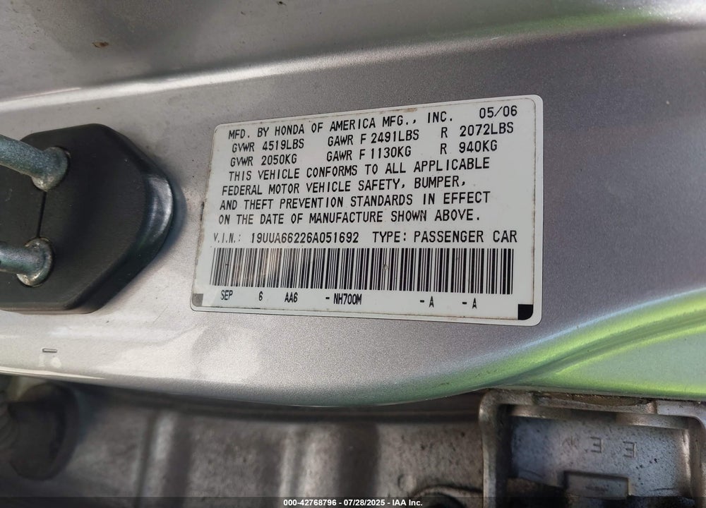 2006 ACURA TL VIN: 19UUA66226A051692
