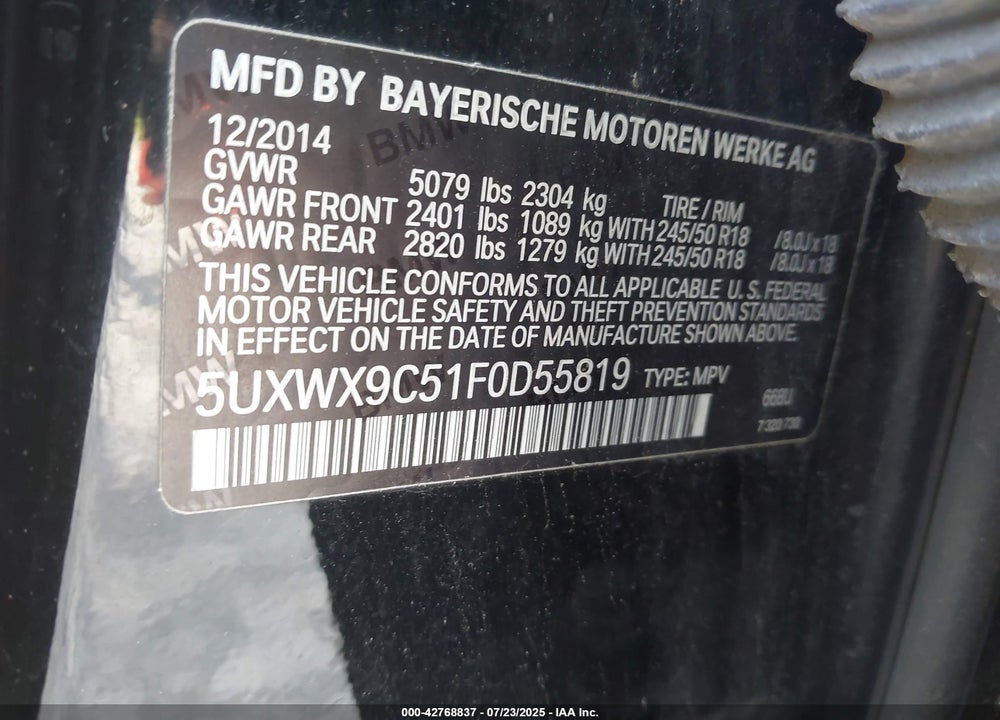 2015 BMW X3 VIN: 5UXWX9C51F0D55819