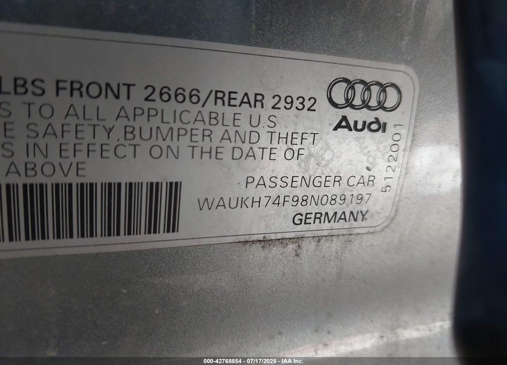 2008 AUDI A6 VIN: WAUKH74F98N089197