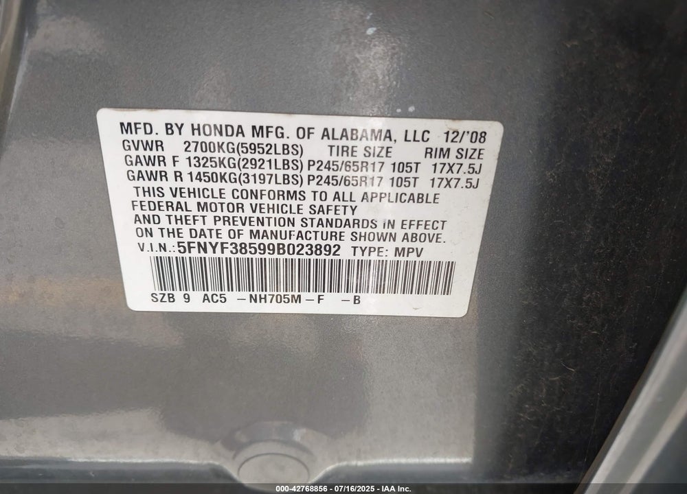 2009 HONDA PILOT VIN: 5FNYF38599B023892