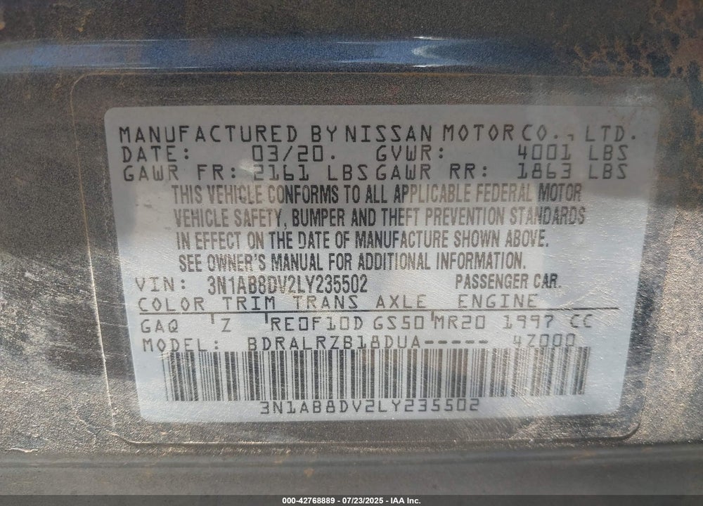 2020 NISSAN SENTRA VIN: 3N1AB8DV2LY235502