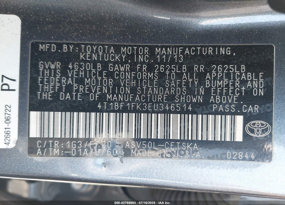 2014 TOYOTA CAMRY VIN: 4T1BF1FK3EU346514
