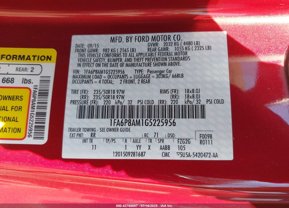 2016 FORD MUSTANG VIN: 1FA6P8AM1G5225956
