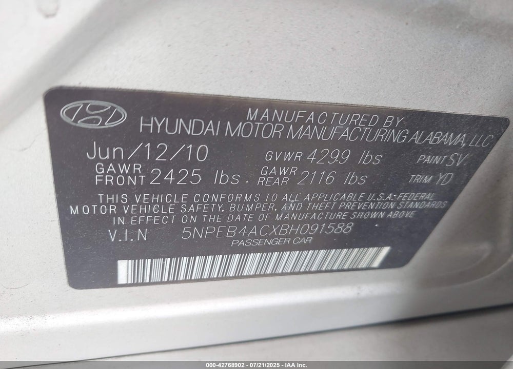 2011 HYUNDAI SONATA GLS VIN: 5NPEB4ACXBH091588