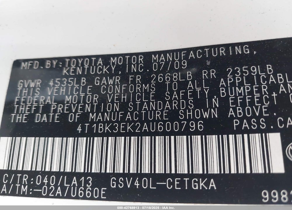2010 TOYOTA CAMRY VIN: 4T1BK3EK2AU600796