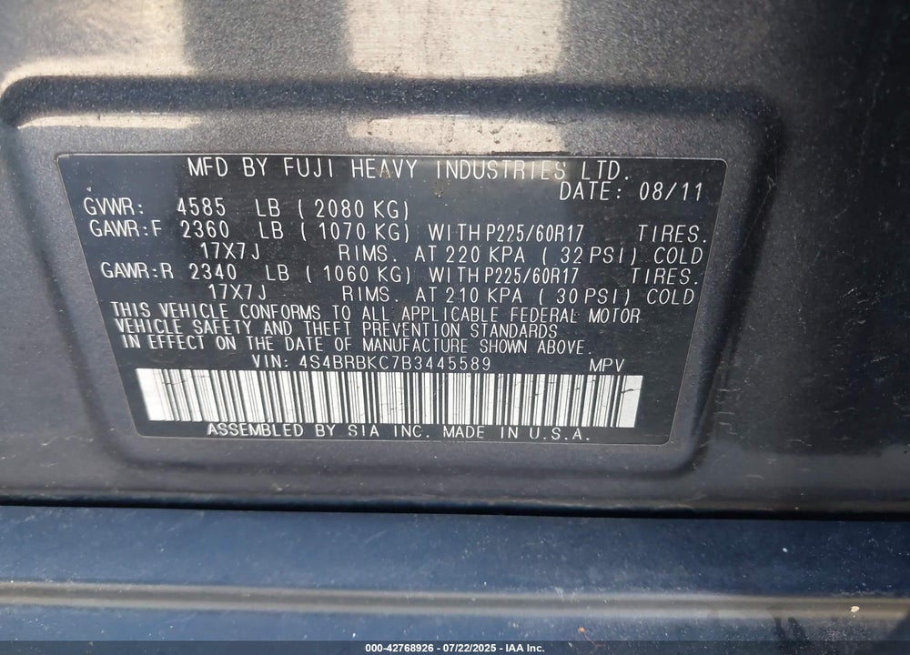 2011 SUBARU OUTBACK VIN: 4S4BRBKC7B3445589