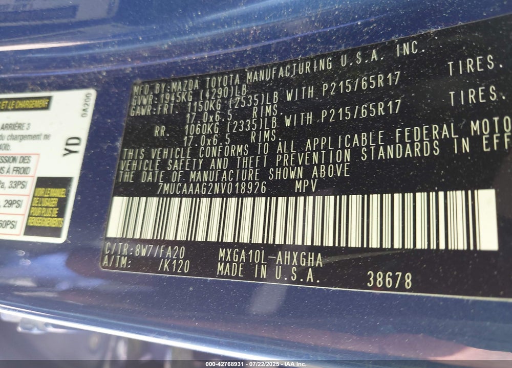 2022 TOYOTA COROLLA CROSS VIN: 7MUCAAAG2NV018926