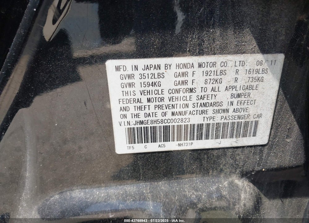 2012 HONDA FIT VIN: JHMGE8H58CC002823